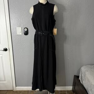 Halogen Topstitched Mock Neck Midi Dress, Black, S